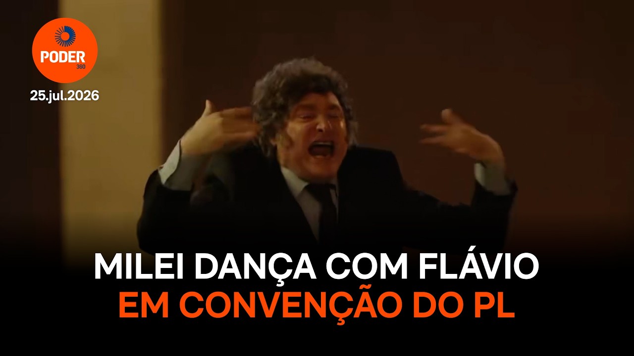 Milei dança rock com Flávio Bolsonaro em convenção do PL