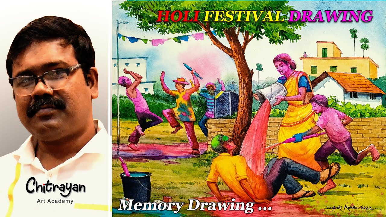 Holi Festival Drawing With Watercolor | Vasanta Utsav Drawing Step By Step | Holi Special Drawing