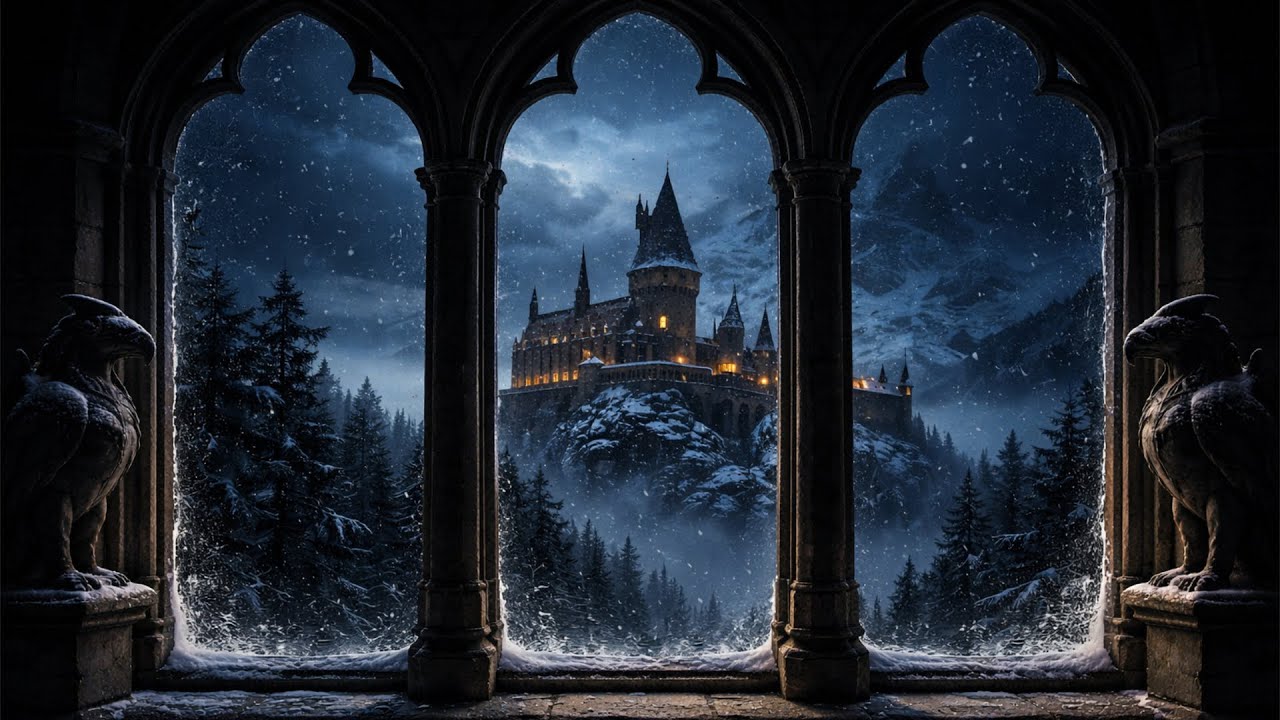 Hogwarts in Winter ❄️ Cozy Castle Window Scene with Fantasy Music for Sleep & Focus