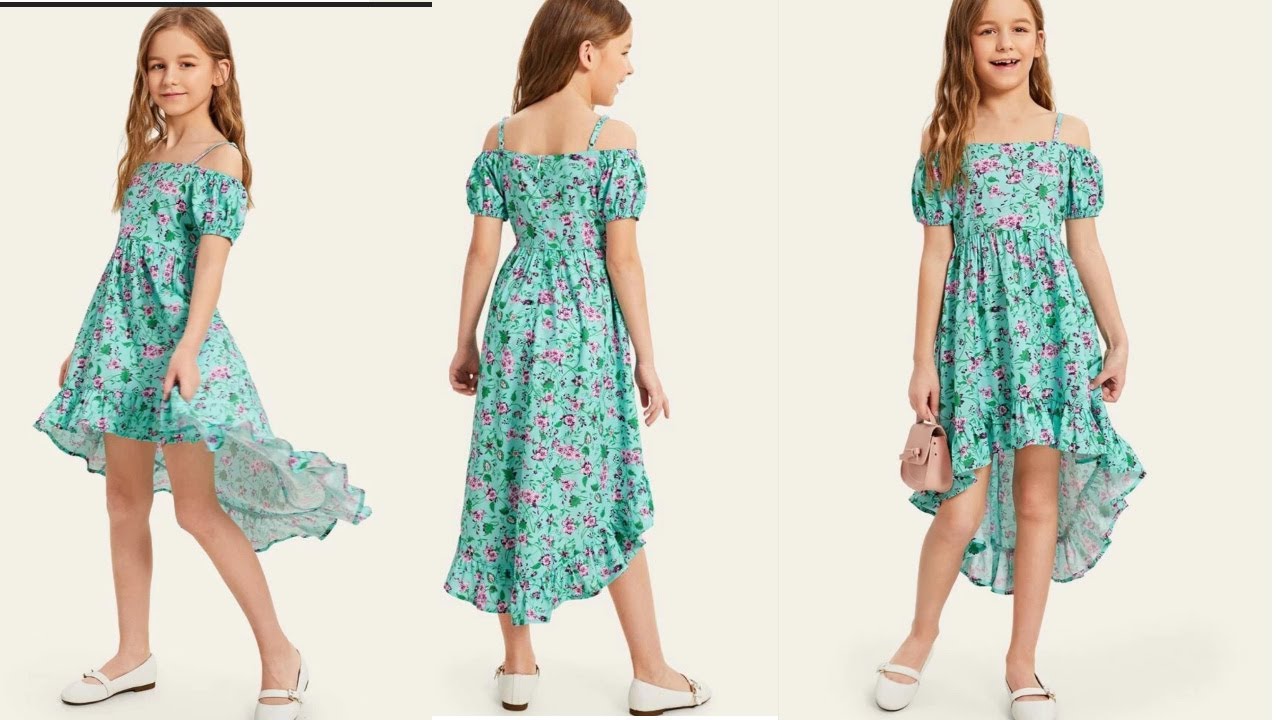 #فستان#العيد#اوووف شولدر خياطة فستان بناتى قصير من  الامام و طويل من الخلف