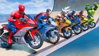 SUPERHEROES ON A MOTORCYCLE RAMP CHALLENGE - GIANT GOLD COIN OBSTACLE COURSE
