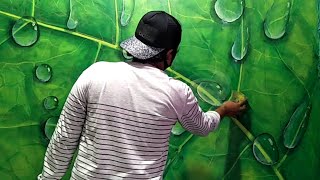 Buat Motif Tetes Gelembung Air Di Atas Daun Dengan Spon Busa !! 3d motif wall paint