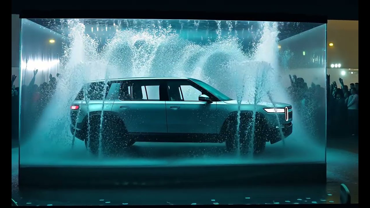 Rivian Car: in a  glass water tank. AI concept pop up idea