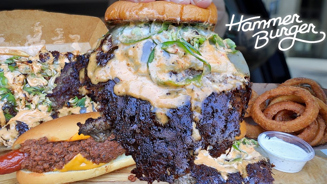 MUKBANG EATING SPICY SMASH TRIPLE CHEESEBURGER SMASH FRIES CHILLI CHEESE DOG HAMMER BURGER ASMR