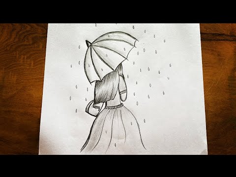 How to draw a girl walking on Rain with Umbrella | Easy pencil drawing ...