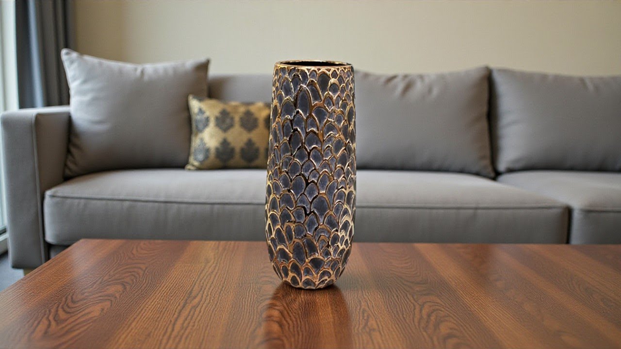 فازة سيراميك فاخرة بنقوش ذهبية بارزة   قطعة ديكور ملكية بارتفاع 36 سم، موديل 030530