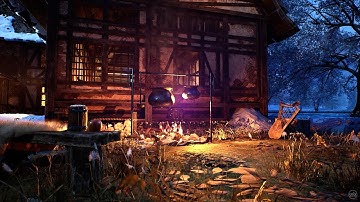 Cozy Campfire in Front of a Medieval Tavern in Winter Ambience with Crackling Fire Sounds 🔥