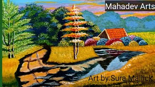 How To Paint A Landscape With A House On The River Bank || Acrylic Color Painting For Learners ||