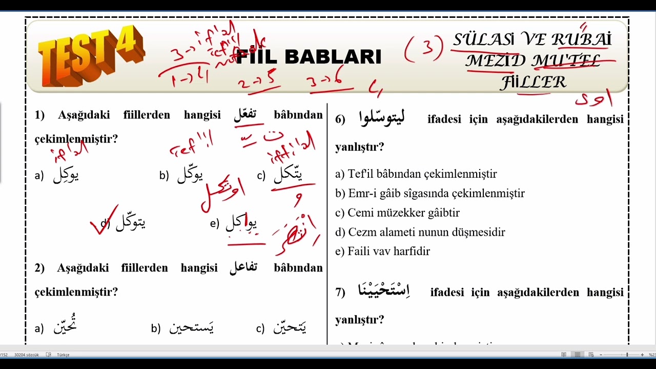 Sarf Soru Bankası TEST-4 Fiil Babları (Sülasi Mezid Mu'tel Fiiller)
