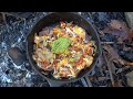 Foraging and campfire nachos winter mushroom foraging oyster and wood ear bushcraft cooking asmr