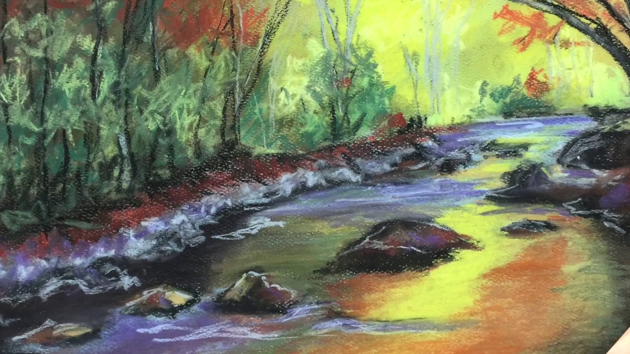 Painting a pastel landscape of a brooke with golden rays of sunshine