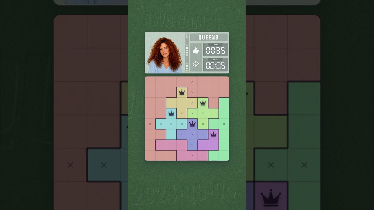 LinkedIn Queens #35 solved board for June 4, 2024, 8x8 grid