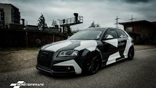 Audi a3 wrapped in gloss stealth grey, and finished a custom camo
design - 0% finance available, apply online www.monsterwraps.co.uk
