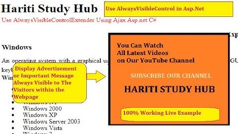 AlwaysVisibleControl Extender Using Ajax Toolkit in Asp.Net C# | Hindi | Free Online Classes Asp.Net