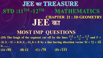The length of the segment cut off by the lines (𝒙+𝟐)/𝟏=(𝒚−𝟕)/(−𝟏)=(𝒛−𝟓)/𝟑 and 𝒓 ⃗=(𝟔, 𝟑, −𝟑)+𝒌(𝟒, 𝟐,