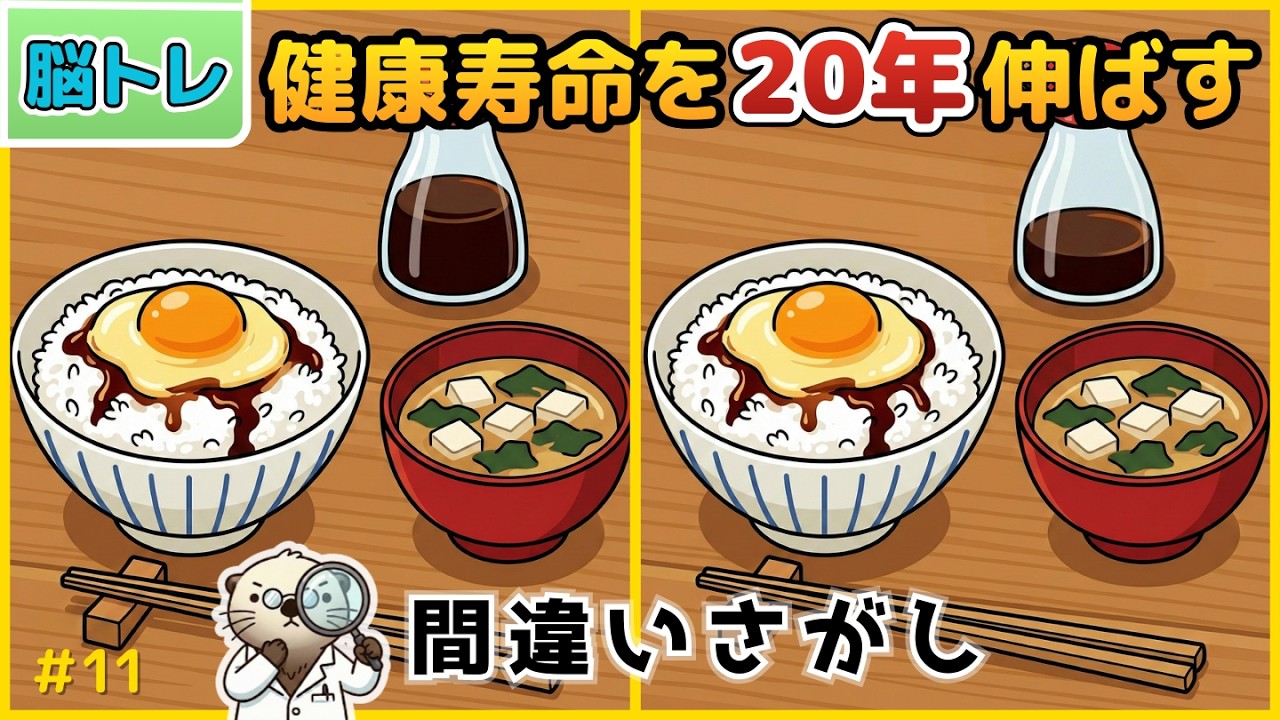 【10分脳トレ】60代70代以上シニア向け脳トレクイズ！間違い探しで脳を若返らせる【日本食のイラストなど】