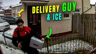 Delivery Guy Slips Over on Ice Caught on Doorbell Camera