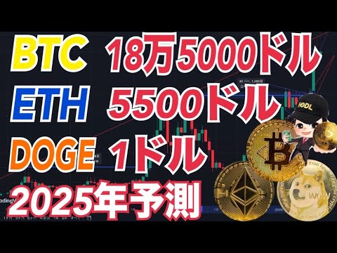 【2025年仮想通貨市場予測】ビットコイン18万5000ドル！？イーサリアム5500ドル！？ドージ1ドルまで上昇！？