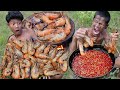 Primitive technology  cooking lobster on clay pot for food at the forest