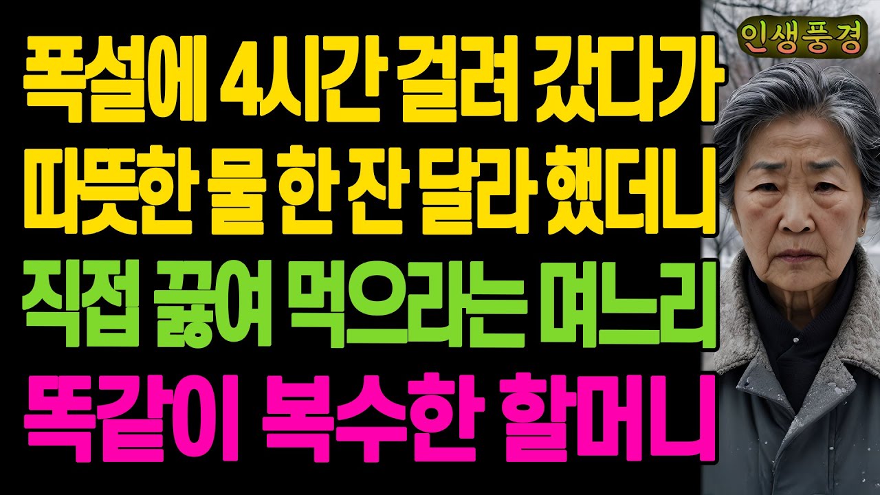 폭설에 4시간 걸려 갔다가 따뜻한 물 한 잔 달라 했더니 직접 끓여 먹으라는 며느리 똑같이 복수한 할머니 노년의 삶의 지혜 행복한 노후생활 부모자식갈등 사연 이야기 오디오북