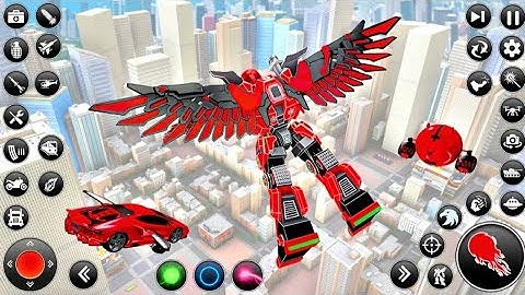 robot hero saving city.Flaying hawk robot car game. mobile gameplay