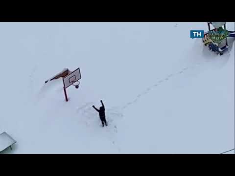 Видео: Житель Тулы в снегопад решил сыграть в баскетбол во дворе