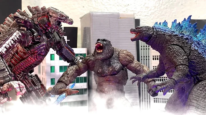 Godzilla vs Kong vs Mecha godzilla remakes 1,2,3 together an epic battle stop motions