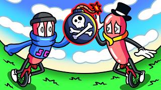 Two Unicycle Hot Dogs Throw Bombs and Scream at Each Other!