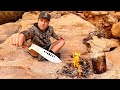 Solo cave camping  foraging for food fishing  fire cooking