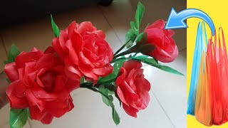 How to make rose flower with waste plastic shopping bag 🌹 DIY: making rose flower best out of waste