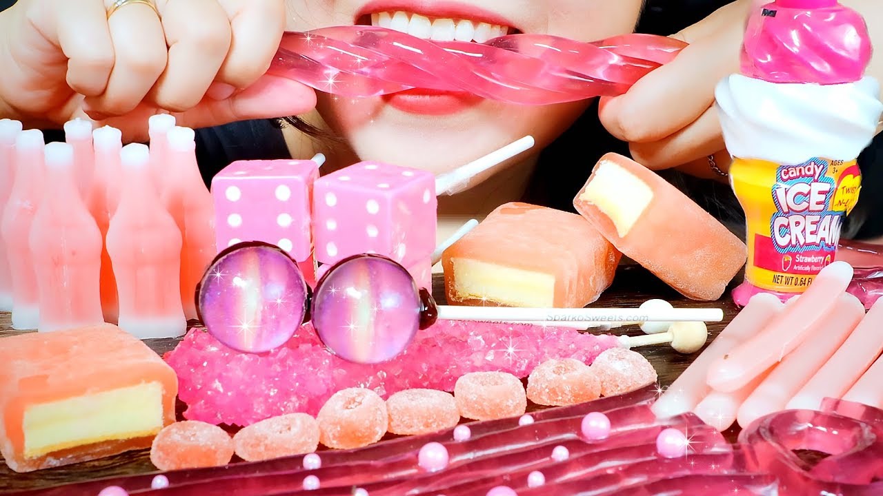 ASMR PINK FOOD *TWIST N LIK CANDY,MOCHI,NIKLLIP WAX CANDY,JELLY,ROCK