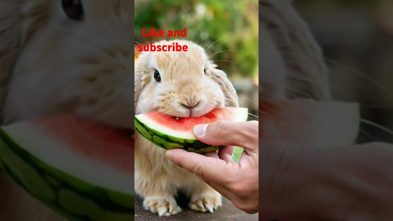 cute rabbit eating watermelon 