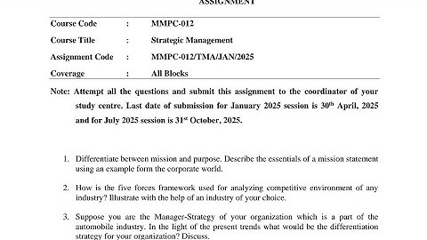 IGNOU MMPC -012 Solved Assignment Jan 2025 | July 2025 {FREE} | Strategic Management.........
