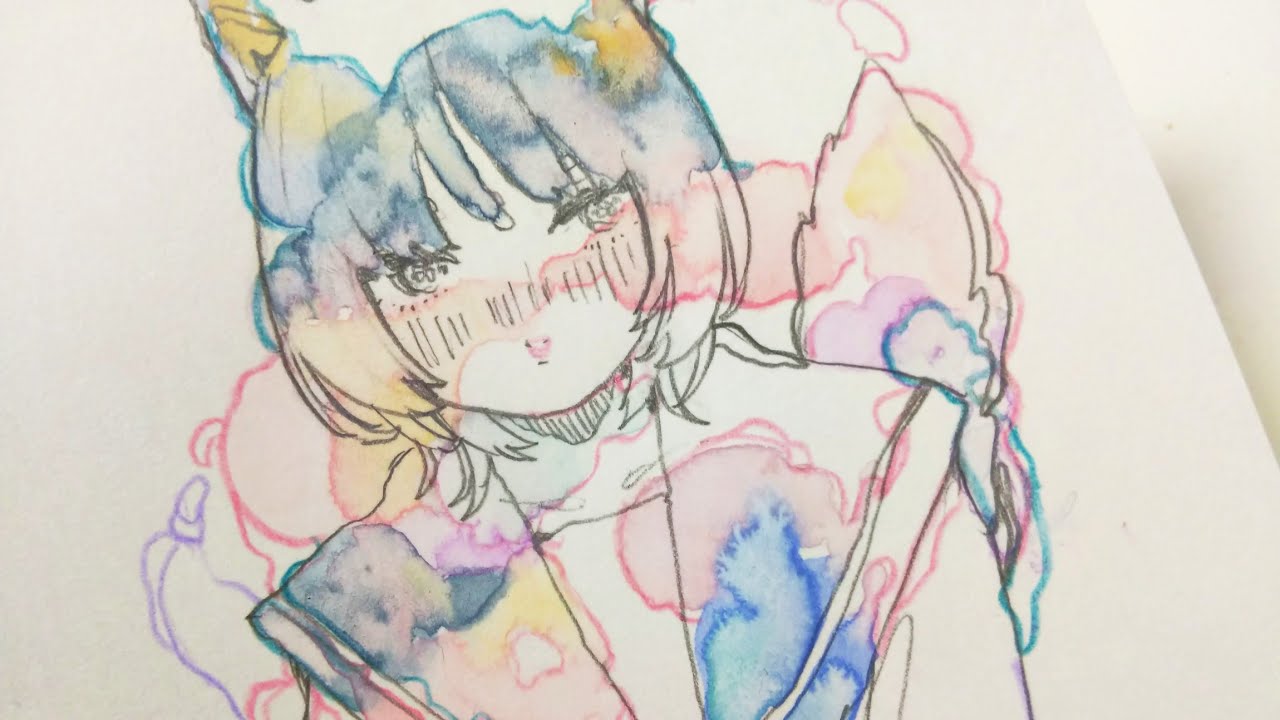 透明水彩】一匹オオカミな女の子-ピンクと藍のドローイング