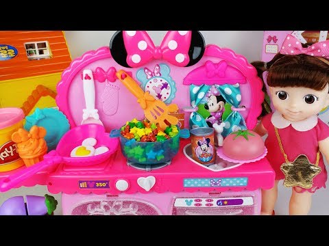 Baby doll and play doh Kitchen cooking food toys surprise eggs play 아기인형 미니마우스 플레이도우 주방과 서프라이즈에그 장난감