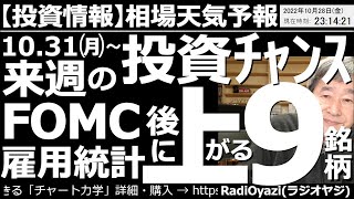 【相場天気予報(総合投資情報)】10月31日(月)～の投資チャンス！FOMC、雇用統計後に上がる９銘柄！　来週は11月３日に米FOMC、４日に米雇用統計が発表される。これらによる相場の乱高下に要注意。