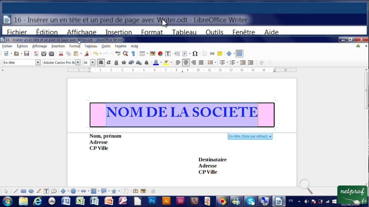 16 - Inérer un en tête et un pied de page avec Writer - YouTube