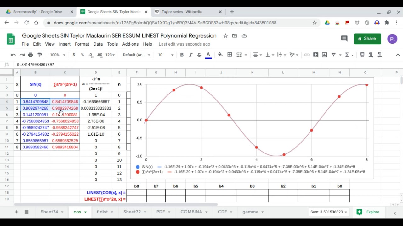 Google Sheets SIN Taylor Maclaurin SERIESSUM LINEST Polynomial Regression YouTube