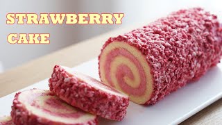 맛있는 딸기 롤케이크 🍓 / Strawberry Roll Cake / 바닐라 카스텔라 스펀지 케이크 / 딸기 크림 / 아몬드 크런치 / 스위스머랭 버터크림