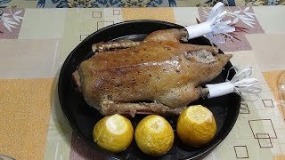 Goose stuffed with rice, baked in the oven.