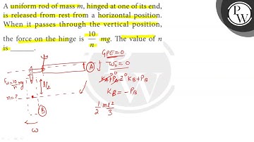 A uniform rod of mass \( m \), hinged at one of its end, is released from rest from a horizontal...
