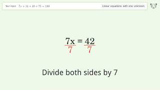 Solve 7x+14+49+75=180: Linear Equation Video Solution | Tiger Algebra