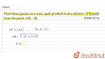 Find those points on x -axis, each of which is at a distance of 5 units from the point A(5, -3)`