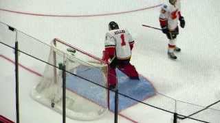 Jonas Hiller warms up during the Flames @ Senators hockey game