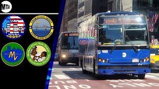 「MTA Bus/NYCT Bus」SIM4C, BM1, M2 and M1 buses marching down 5th Avenue | Prevost, MCI, New Flyer