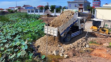 Start New Project Delete Pond Landfill Flooded ! Bulldozer D20A & Truck 5Ton , Push Stone to water