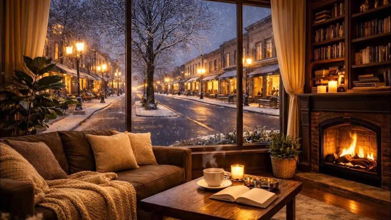 Beautiful Winter Coffee Shop ❄️ Relaxing Jazz Piano & Fireplace Ambience for Study, Work & Focus