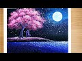 Daily Relaxing Art #40 /Acrylic /Couple in Love under Cherry Blossom Tree/Moonlight Landscape