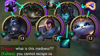 Kalista but she's in Tahm Kench and Yuumi is on her and Shen is ulting her and she's ulting Yasuo