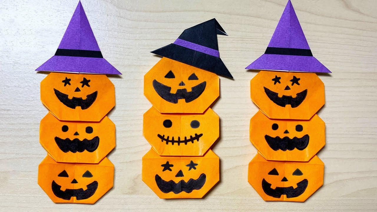 ハロウィン折り紙】帽子を被った三連南瓜の作り方🎃How to make paper